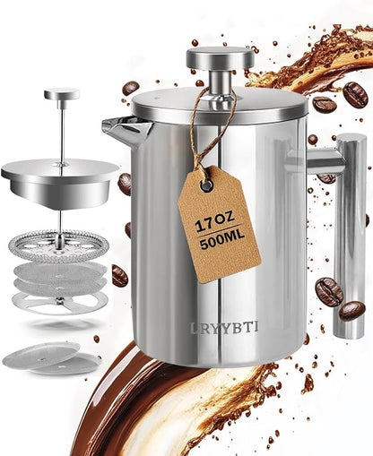 French Press Coffee Maker, Stainless Steel Coffee Press with scale lines (Silver, 17 OZ)
