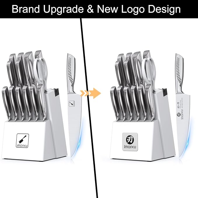 imarku 15-Piece Knife Set with Block, High Carbon Stainless Steel Kitchen Knives with Built-in Sharpener, Dishwasher Safe, Ergonomic Non-Slip Handle, Perfect for Home Cooks & Chefs, White