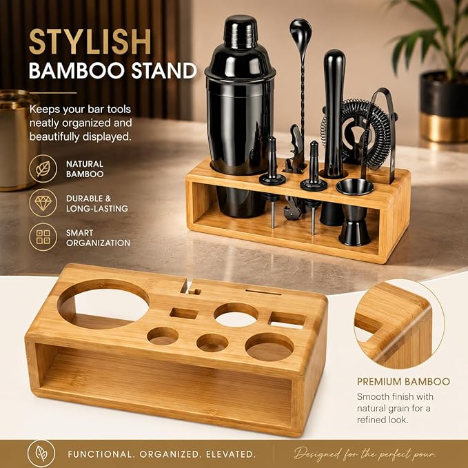 Black Cocktail Shaker Set, Premium 18/8 Stainless Steel Mixology Bartender Kit with Stylish Bamboo Stand 10-Piece Bar Tools & Accessories for Home Bar for Men, Dad, Husband