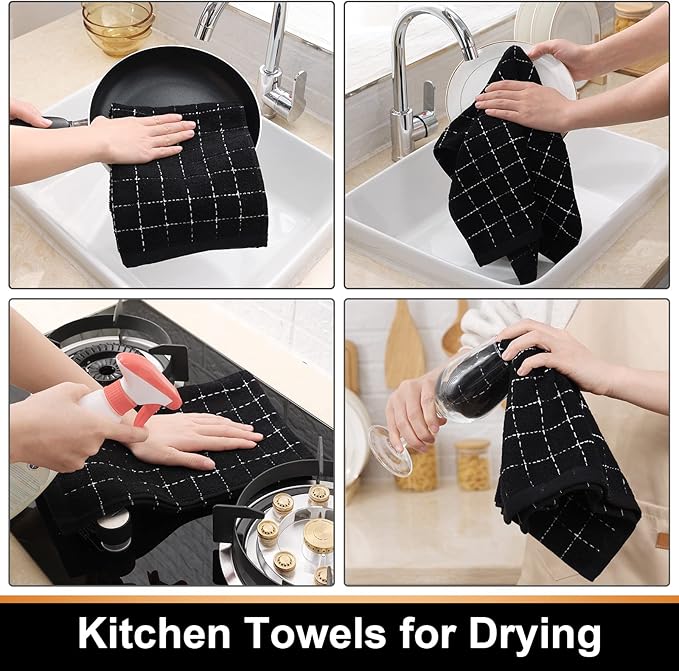 Mordimy 100% Cotton Terrycloth Kitchen Towels and Dishcloths Sets, Soft and Absorbent Checkered Dish Towels, Quick Drying Dish Rags for Washing Dishes, 4 Pack 16" x 26" & 4 Pack 12" x 12", Black