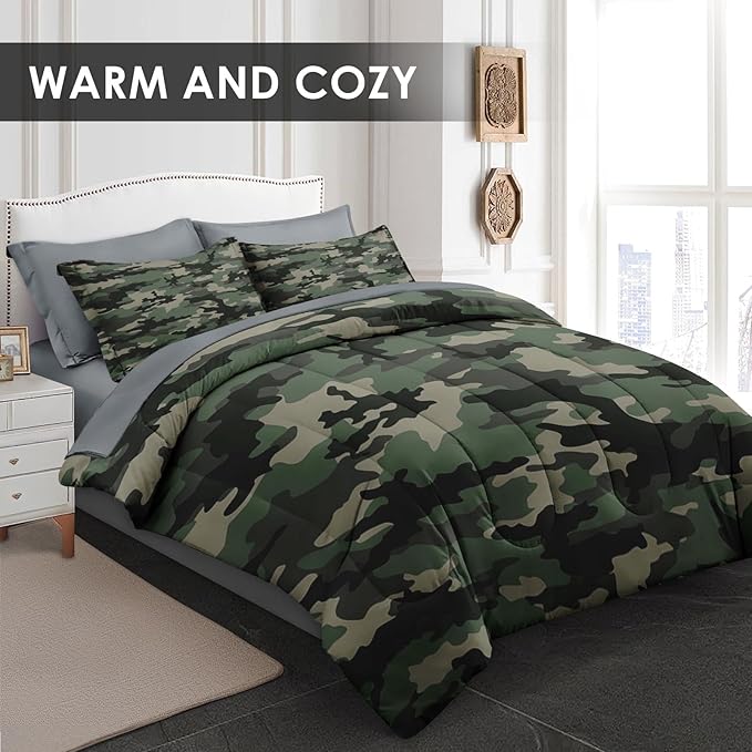 Pamnest Comforter Set King Size, Camo Army Camouflage 7 Pcs Bedding for Kids and Adults, Military Bed Sheet Sets with Fitted Sheet 2 Pillowcase & 2 Sham for Bedroom Bed Decor