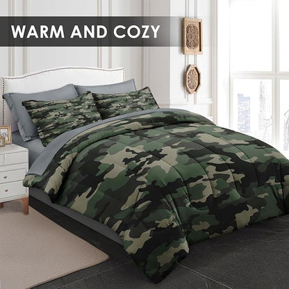 Pamnest Comforter Set Twin Size, Camo Army Camouflage 5 Pcs Bedding for Kids and Adults, Military Bed Sheet Sets with Fitted Sheet Pillowcase & Sham for Bedroom Bed Decor