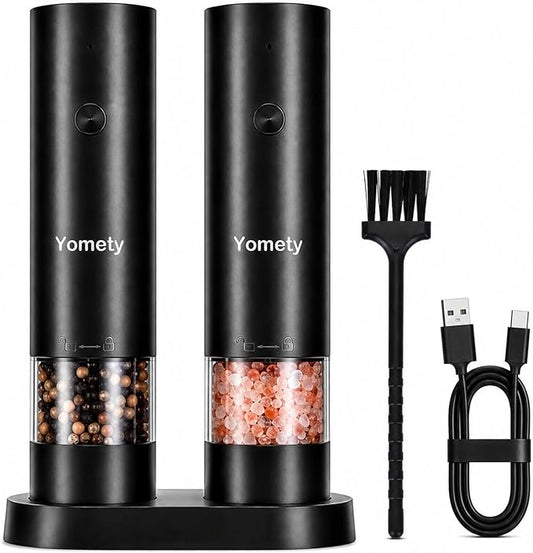 Electric Salt and Pepper Grinder Set-Rechargeable Salt and Pepper Mill Set All in One, Automatic Refillable Adjustable Coarseness Ceramic Grinder, Salt and Pepper Shakers for Kitchen Gadgets