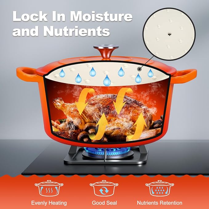 P&P CHEF 6QT Enameled Dutch Oven, Cast Iron Dutch Oven Pot with Lid for Bread Baking, Enameled Casserole Pot for Roasting Braising Stewing Frying Simmering, Various Stoves & Easy Clean, Orange