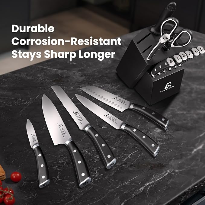 CoquusAid Knife Set, Upgrade 15 Pcs Knife Block Set with Widened Ventilated Slot, German Stainless Steel Kitchen Knives Set with Sharpener, Professional Chef Knives Set, Full Tang Ergonomic Handle