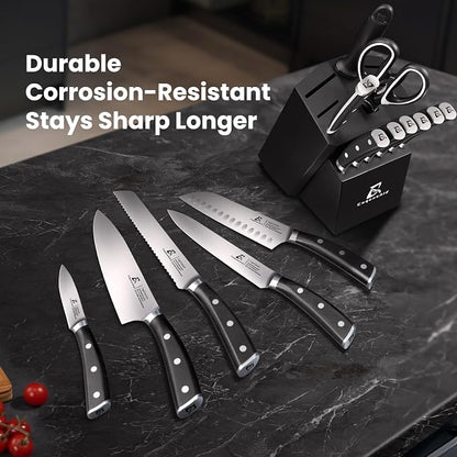 CoquusAid Knife Set, Upgrade 15 Pcs Knife Block Set with Widened Ventilated Slot, German Stainless Steel Kitchen Knives Set with Sharpener, Professional Chef Knives Set, Full Tang Ergonomic Handle
