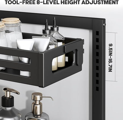 1 Pack Under Sink Organizer,Pull Out Cabinet Organizer with Smooth Cylindrical Rail,Metal Slide Out Drawer for Kitchen Bathroom Laundry Cabinet,8-Level Tool Free Height Adjustable-Black