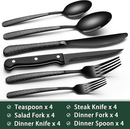 EWFEN 24-Piece Black Silverware Set with Steak Knives, Black Flatware Set for 4, Food-Grade Stainless Steel Tableware Cutlery Set, Mirror Finished Utensil Sets for Home Restaurant, Round Hammered