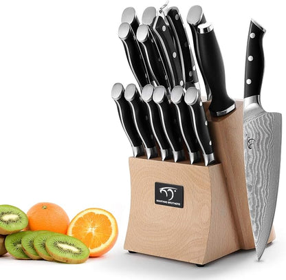 NANFANG BROTHERS 15-Piece Damascus Kitchen Knife Sets with Japanese 67-Layer Damascus Steel, ABS Ergonomic Handle for Chef Knife Set, Ultra Sharp Knife Set with Sharpener, Beechwood Block