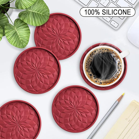 ME.FAN Silicone Coasters with Holder,[6 Pack] Drinking Coasters - Cup Mat for Hot or Cold Drinks, Thickened, Non-Slip, Non-stick,Deep Tray Wine Red