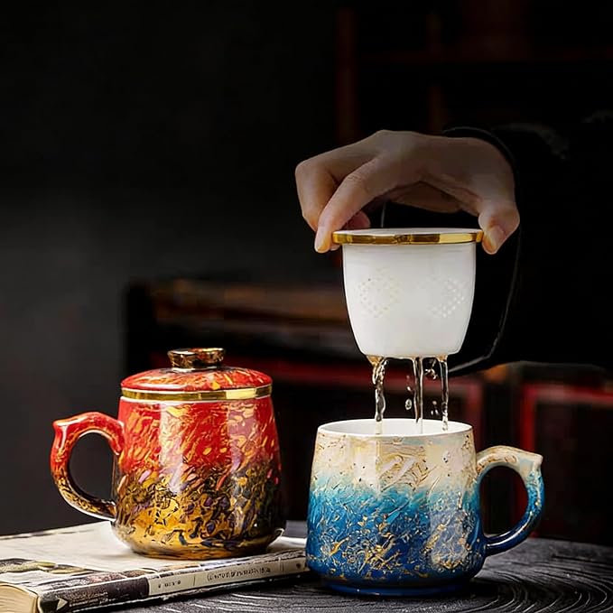 Lacquer Moment Handcrafted One-of-a-Kind Lacquer Cup 360ml (12.2oz) with Removable Infuser Artisan Chinese Lacquerware Luxury Gift for Her Him Mother’s Day Birthday Anniversary (Azure Tide)