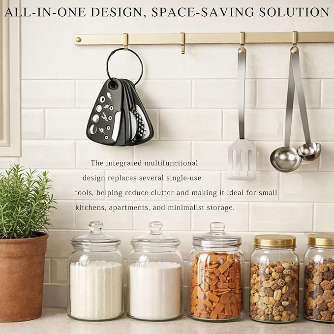 6-Piece Unique Kitchen Gadget Set in Black, Stackable Space-Saving Tools Including Grater, Peeler, Pizza Cutter, and Bottle Opener