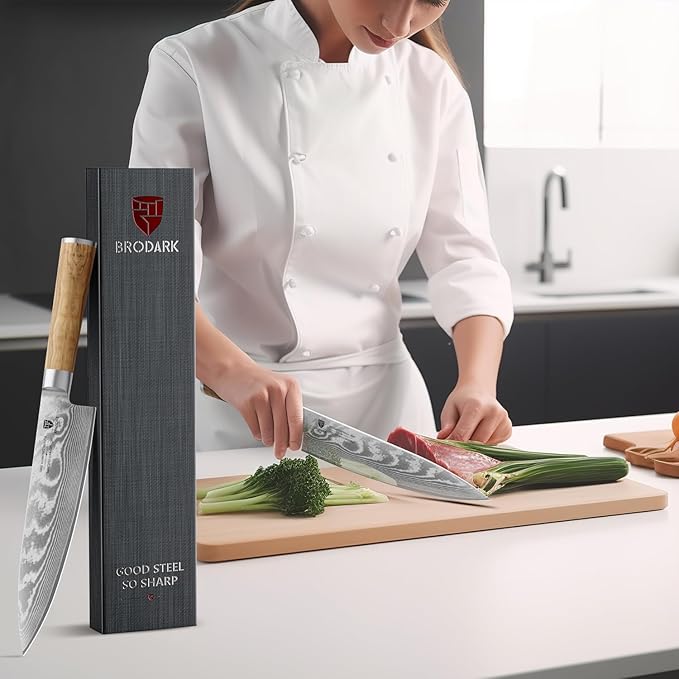 Damascus Chef Knife 8 Inch:Japanese Kitchen Knife with VG10 Steel Core,Ultra Sharp Professional Chef's Knife,Olive Wood Handle,High Carbon Stainless Steel Cooking Knife,Gift Box