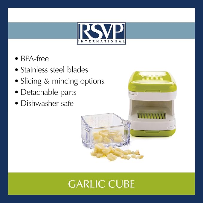 RSVP International Garlic Clove Cube Press Tool, Green/White | BPA-Free Plastic with Stainless Steel Blades | Minces & Slices | Chop, Crush, or Dice Garlic & Herbs | Dishwasher Safe