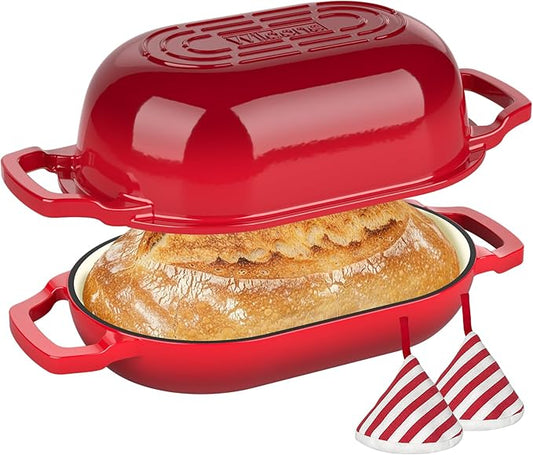 Enameled Cast Iron Bread Oven, Wildone 5.5QT Cast Iron Dutch Oven for Homemade Sourdough Bread Baking, Bread Pan with Lid & Cotton Potholders, Red