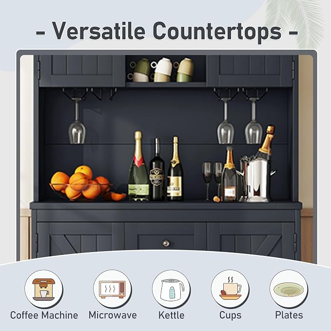 VilroCaz Farmhouse Freestanding Kitchen Pantry, Coffee Bar Cabinet Kitchen Buffet Cabinet with Drawers, Adjustable Shelves and Wine & Glass Racks for Dining Room, Kitchen (Antique Blue-2.16)