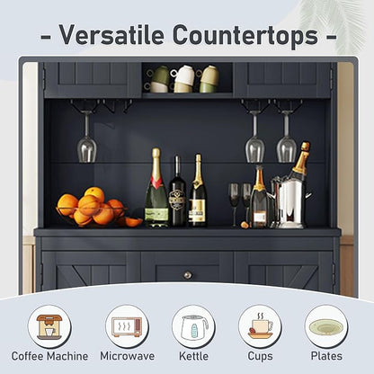VilroCaz Farmhouse Freestanding Kitchen Pantry, Coffee Bar Cabinet Kitchen Buffet Cabinet with Drawers, Adjustable Shelves and Wine & Glass Racks for Dining Room, Kitchen (Antique Blue-2.16)