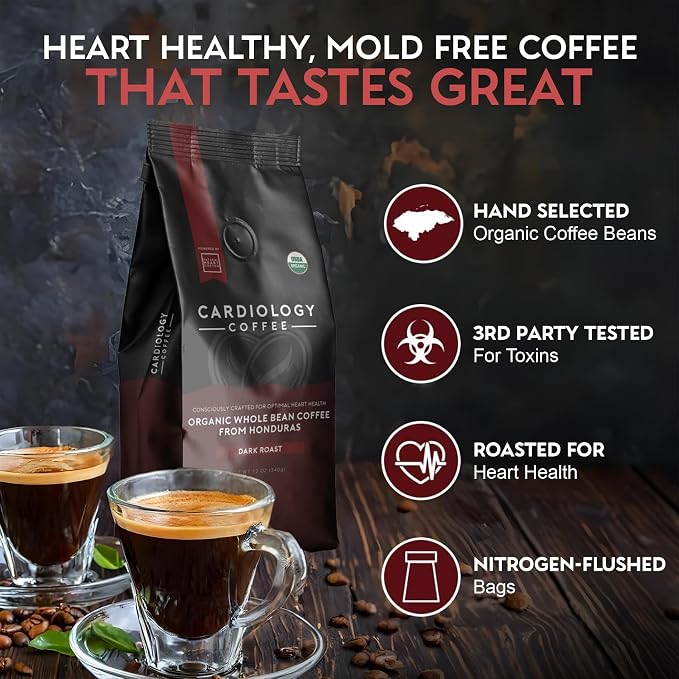 Cardiology Coffee – Whole Bean Coffee – USDA Certified Organic, Mold Free 12oz Dark Roast Coffee Beans - Organic Barista-Style Beans with Antioxidant Benefits – Perfect for Heart Healthy Lifestyle