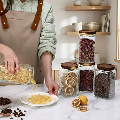 Domensi 6 Pack Vintage Glass Jars with Lids 34 oz Airtight Food Storage Containers Acacia Wood Mason Jar Lids Airtight Pantry Containers for Kitchen Countertop Tea Coffee Spices and Snacks