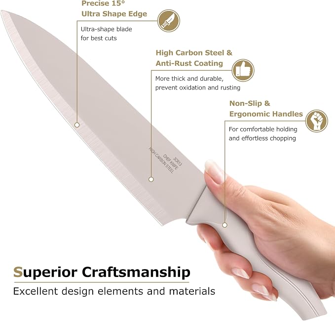 LIANYU Knife Block Set with Sharpener, 15PCS Kitchen Knife Set with Block, Razor Sharp Knives Set for Kitchen, High Carbon Stainless Steel Chef Knife Set, Anti- Rust Blade & Ergonomic Handle, Khaki