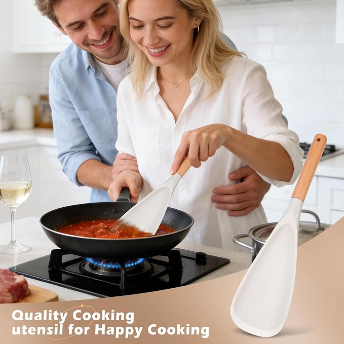 Cooking Spoon Set for Non-Stick Cookware - Wooden Handle & multi function cooking spoon, Heat-Resistant Kitchen Utensils for Stirring, Mixing, Serving (WHITE - 1Pack)