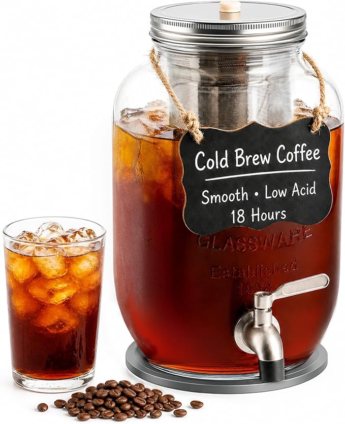 1 Gallon Cold Brew Coffee Maker – Heavy Duty Glass Iced Coffee Maker with Stainless Steel Filter, 128oz Mason Jar Cold Brew Pitcher with Spigot Perfect for Iced Coffee, Cold Brew, and Iced Tea Brewing