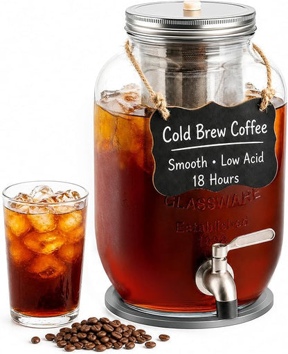 1 Gallon Cold Brew Coffee Maker – Heavy Duty Glass Iced Coffee Maker with Stainless Steel Filter, 128oz Mason Jar Cold Brew Pitcher with Spigot Perfect for Iced Coffee, Cold Brew, and Iced Tea Brewing