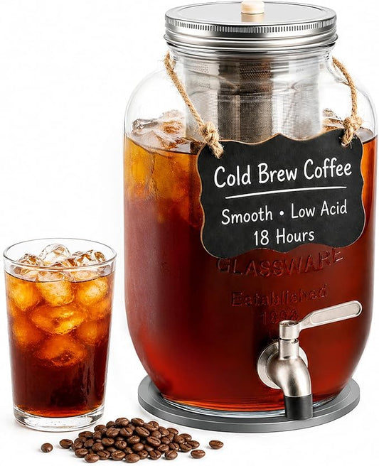 1 Gallon Cold Brew Coffee Maker – Heavy Duty Glass Iced Coffee Maker with Stainless Steel Filter, 128oz Mason Jar Cold Brew Pitcher with Spigot Perfect for Iced Coffee, Cold Brew, and Iced Tea Brewing