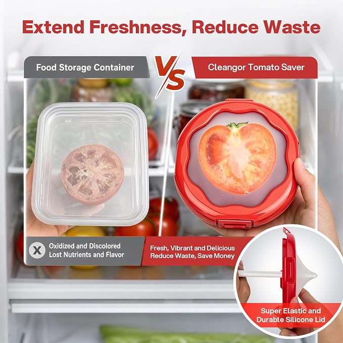 CLEANGOR Tomato Saver with Snap-On Lid, Silicone Food Saver, Tomato Storage Containers Reusable, Vegetable and Fruit Storage Containers, Reusable Kitchen Gadget, Dishwasher Safe (1, Red)