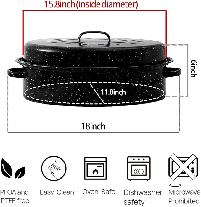Turkey Roaster Pan 18in Roasting Pan With Lid Enamel Carbon Steel Roaster Pot with 16in Inner Diameter,18 Pound Large Capacity High Temperature Resistance Oval Cookware