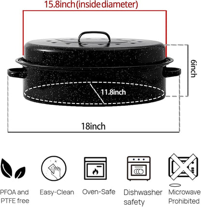 Turkey Roaster Pan 18in Roasting Pan With Lid Enamel Carbon Steel Roaster Pot with 16in Inner Diameter,18 Pound Large Capacity High Temperature Resistance Oval Cookware