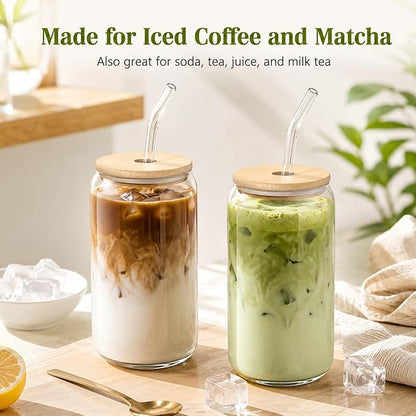 Glass Cups with Lids and Straws 2 Pack, 16 oz Iced Coffee Cups with Bamboo Lids, Reusable Glass Straws and Brushes for Matcha, Soda, Tea and Milk Tea
