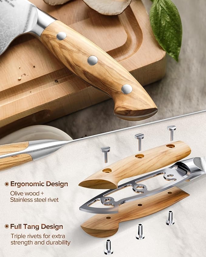 XINZUO Gyuto Chef Knife - 8.3 Inch Kitchen Knife 3 Layer 10Cr15Comov Steel Core High Carbon Steel Blade, Sharp Cutting Knife With Olive Wood + Stainless Steel Rivet Handle
