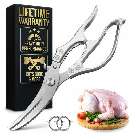 Tomato Knives - Premium Stainless Steel Poultry Shears, Heavy Duty Kitchen Scissors, Hardened Blades, One-Hand Safety Lock, Spring Mechanism, Dishwasher Safe - Chicken, Meat, Turkey, Fish & Vegetables