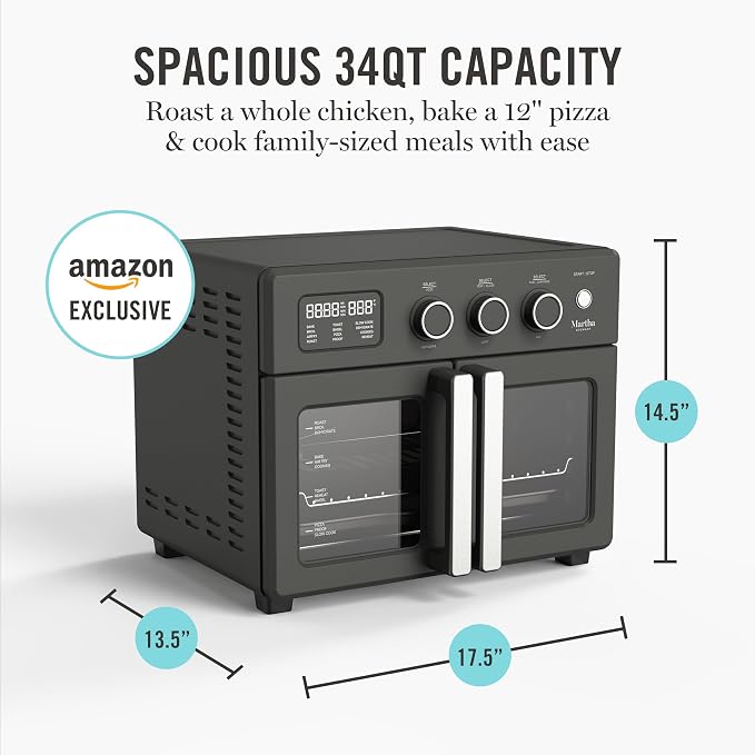 Martha Stewart French Door Air Fryer Toaster Oven Combo, 34QT Countertop Convection, 12-in-1, Bake, Broil, Roast, Fits 12” Pizza, Dehydrate, 5 Accessories, Air Fry Basket, Stainless Steel, Caviar Gray
