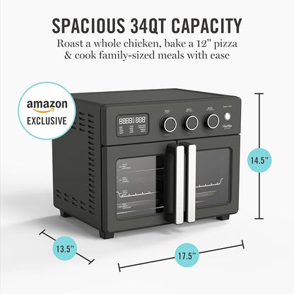 Martha Stewart French Door Air Fryer Toaster Oven Combo, 34QT Countertop Convection, 12-in-1, Bake, Broil, Roast, Fits 12” Pizza, Dehydrate, 5 Accessories, Air Fry Basket, Stainless Steel, Caviar Gray