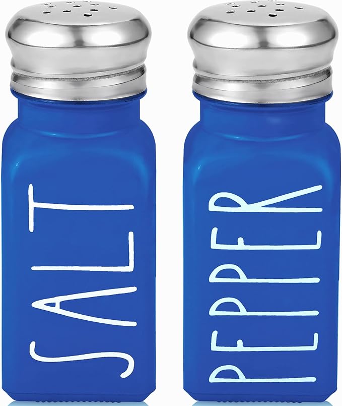 Blue Salt and Pepper Shakers Set by Brighter Barns - Cute Glass Shakers with Stainless Steel Lids - Modern Farmhouse Kitchen Decor and Accessories for Home, Restaurants, Hotel, Vacation Rental (Blue)