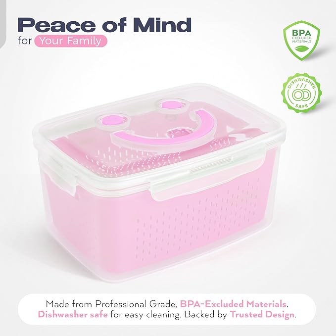 Fruit Storage Containers for Fridge - Set of 4 - Airtight Lid Keeps Fresh - For Fruit & Vegetable Storage - Space-Saving Design - Ideal for Produce, Berries, Snacks - Pink