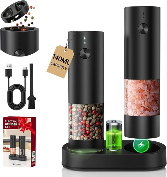 CIRCLE JOY Electric Salt and Pepper Grinder Set with Charging Base, Rechargeable Automatic Pepper Mill, Adjustable Coarseness, LED Light, 140ml Large Capacity