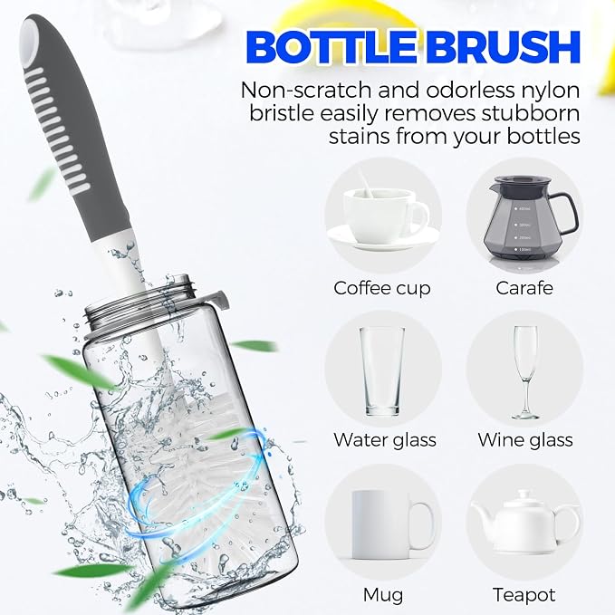 Holikme 6 Pack Dish Brush Set with Bottle Brush, Dish Scrub Brush, Pan Brush and 3 Straw Brushes, Deep Cleaning Handle Brush with Scraper Tip for Kitchen Sink Dishes Bottle Cup Pot and Pans (Gray)