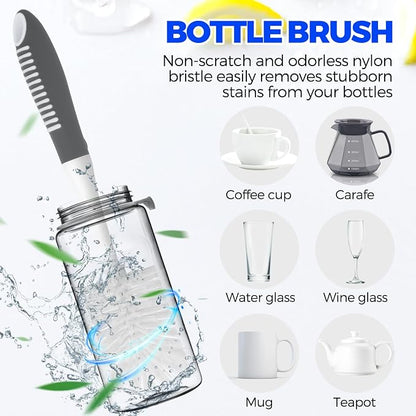 Holikme 6 Pack Dish Brush Set with Bottle Brush, Dish Scrub Brush, Pan Brush and 3 Straw Brushes, Deep Cleaning Handle Brush with Scraper Tip for Kitchen Sink Dishes Bottle Cup Pot and Pans (Gray)