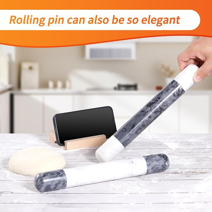 Tianman French Marble Rolling Pin.12 Inchs Marble Rolling Pin for Baking With Wooden Base Holder Stand-Non-Stick Baking Roller for Baking Fondant, Pizza,Cookies,Crust,Pasta(Black-White-Blakc)