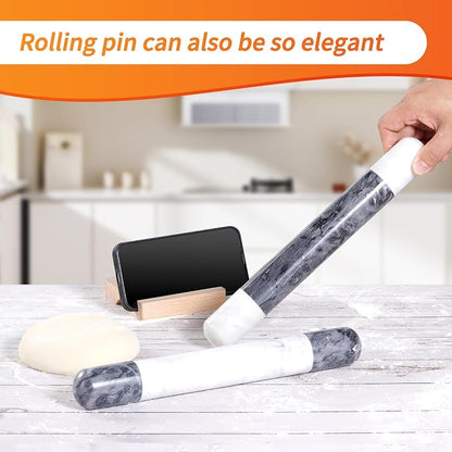 Tianman French Marble Rolling Pin.12 Inchs Marble Rolling Pin for Baking With Wooden Base Holder Stand-Non-Stick Baking Roller for Baking Fondant, Pizza,Cookies,Crust,Pasta(Black-White-Blakc)
