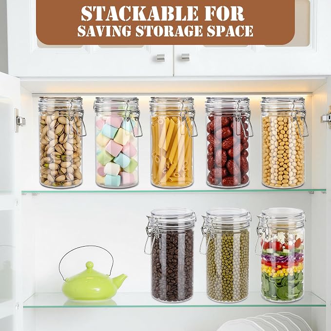 Suclain 6 Pack 34oz/1000ml Plastic Jars with Lids Bulk, Clear Wide Mouth Food Storage Jars Empty Airtight Sealed Canister Kitchen Storage Container for Pantry Organize Dry Goods Cereal Pasta Pickling