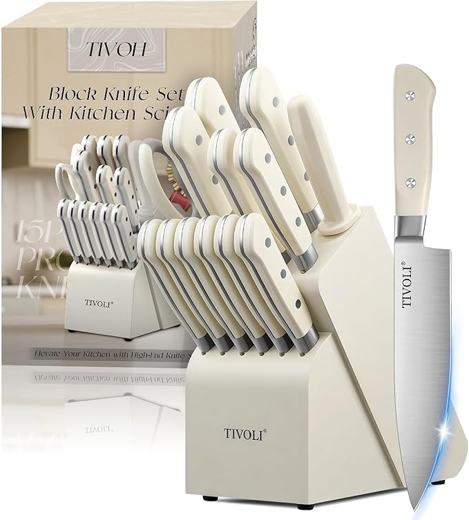 TIVOLI 15 Pieces Knife Set with Block, Forged, High Carbon Stainless Steel Sharp Blade Kitchen Knife Block Set with Ergonomic Wood Handle, Dishwasher Safe Cutlery, Gifts For Cooks, Cream White