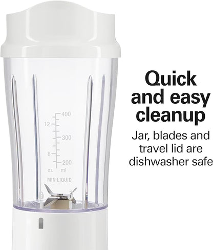 Hamilton Beach Portable Blender for Shakes and Smoothies, 14 Oz BPA Free Travel Cup & Lid, Durable Stainless Steel Blades, Personal Smoothie Blender, White ( 51101V)