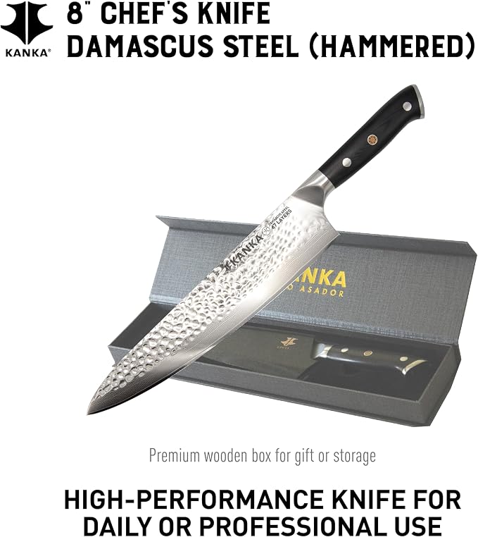 KANKA Chef Knife Damascus Steel 8" - 67 Layer Professional Steel, 10Cr Core, Razor-Sharp 62 HRC Edge, Ergonomic G-10 Fiberglass Handle, Wood Sheath INCLUDED – Chef Kitchen Knife for Precise Cutting