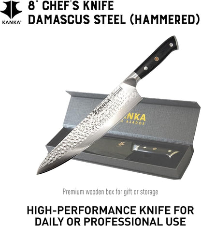 KANKA Chef Knife Damascus Steel 8" - 67 Layer Professional Steel, 10Cr Core, Razor-Sharp 62 HRC Edge, Ergonomic G-10 Fiberglass Handle, Wood Sheath INCLUDED – Chef Kitchen Knife for Precise Cutting