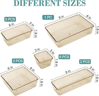 StorMiracle 16 PCS Drawer Organizer Set, 5 Varied Size Bathroom and kitchen Drawer cabinet organizer Trays, Clear Storage Bins for Makeup, Jewelry, Utensils and Gadgets, Champagne