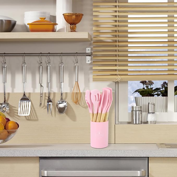 QWORK 12-Piece Pink Kitchen Tool Set - Includes Silicone Cooking Utensils, Whisk and Ladle, Tool Crock